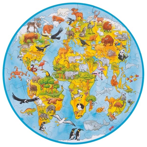 Карта на света - кръгъл дървен пъзел 49 части