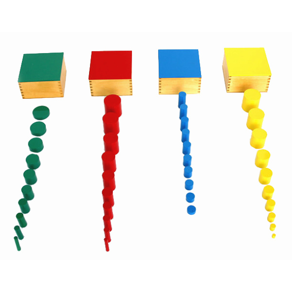 Кутии с цветни цилиндри - играчки Монтесори