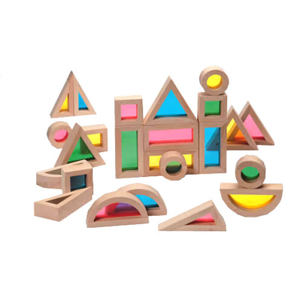 Дървени строителни блокчета с цветни акрилни страни - 24 части