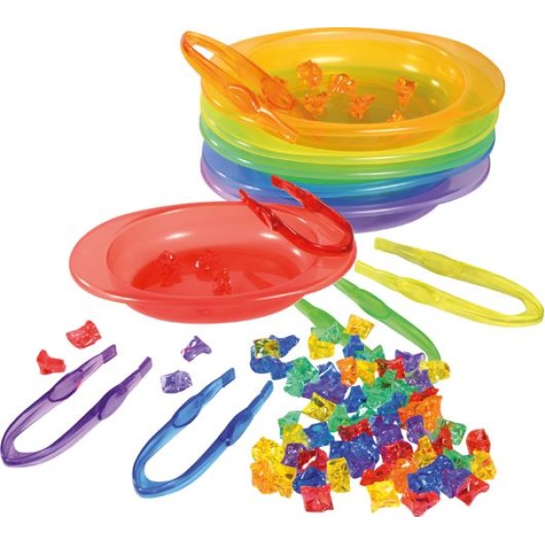 Детски комплект с чинийки и пинсети за сортиране по цветове
